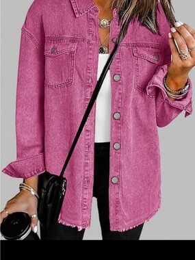 SHEIN Pink Distressed Button-Front Denim Jacket